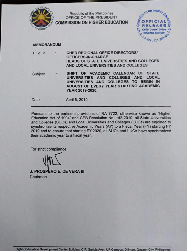 CHED Memo on shift of academic year for SUCs, LUCs.
