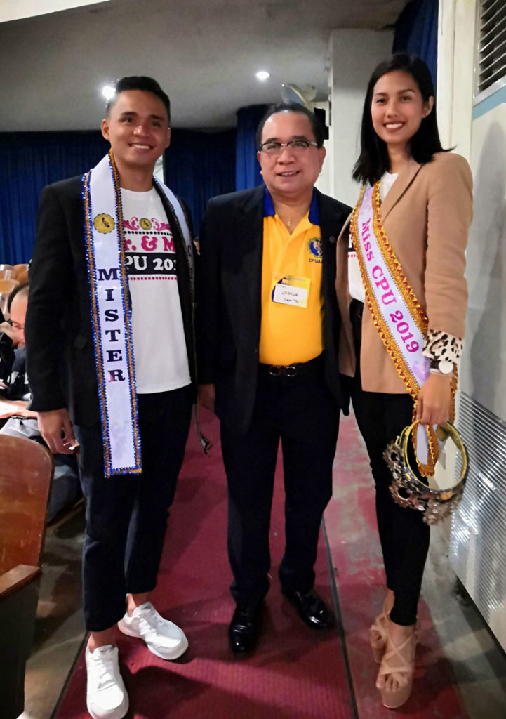 CPUAAI Vice President Atty. Joshua Alim with Mr. CPU Marlon Balberona and Ms. CPU Salve Lia Santocildes, both from College of Law.