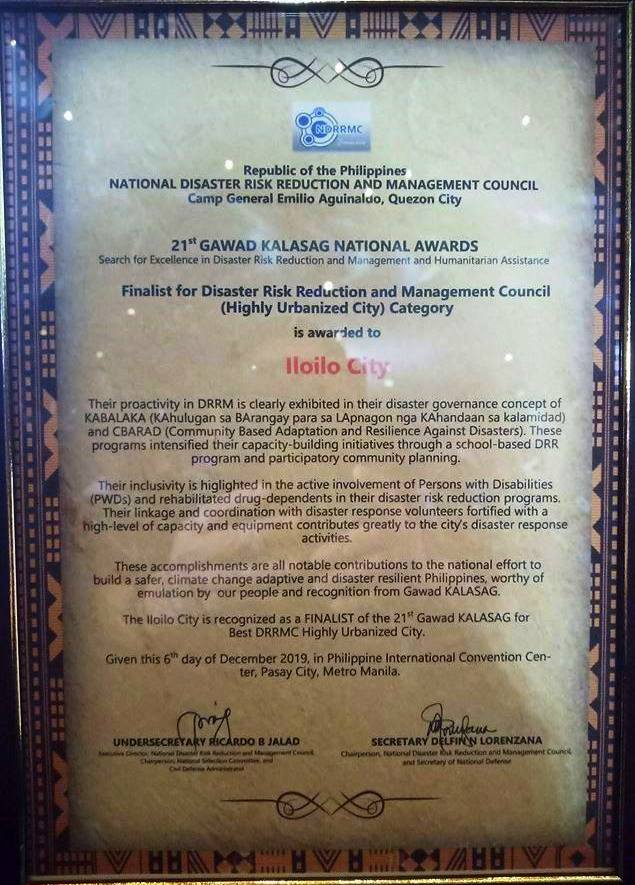 Iloilo City Top 3 in Gawad Kalasag National Awards 2019.