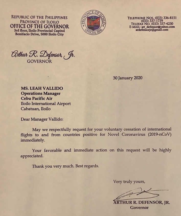 Gov. Art Defensor Jr letter-request to Cebu Pacific.