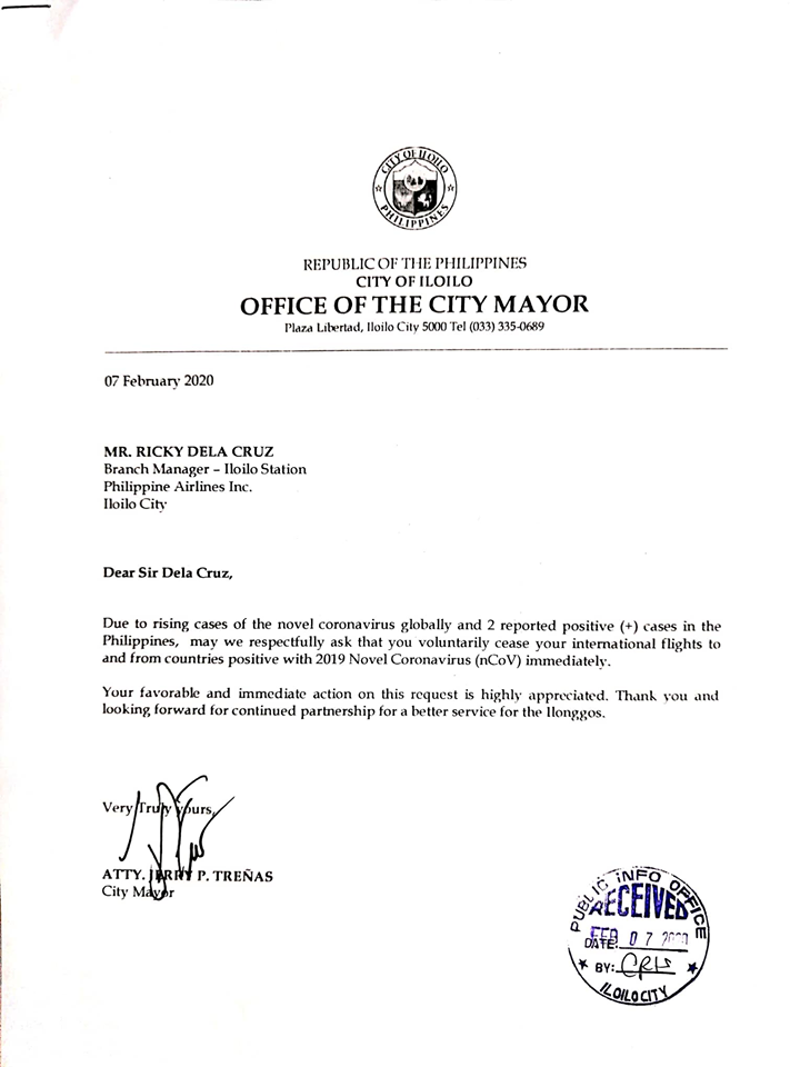 City Mayor Jerry P. Treñas has asked three airline managers in Iloilo to stop servicing destinations abroad with recorded cases of novel coronavirus