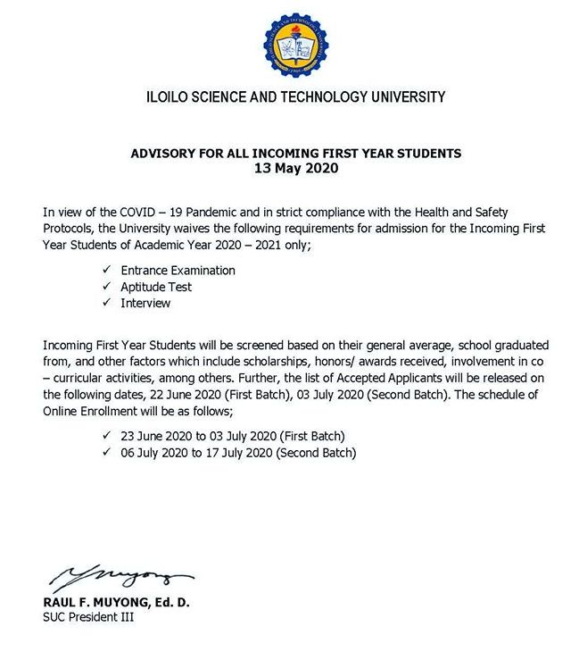 ISAT-U advisory on Enrollment for incoming Freshmen this SY 2020-2021.