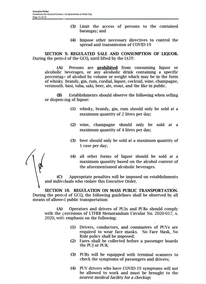 Section 9 of EO 75 lifting liquor ban.