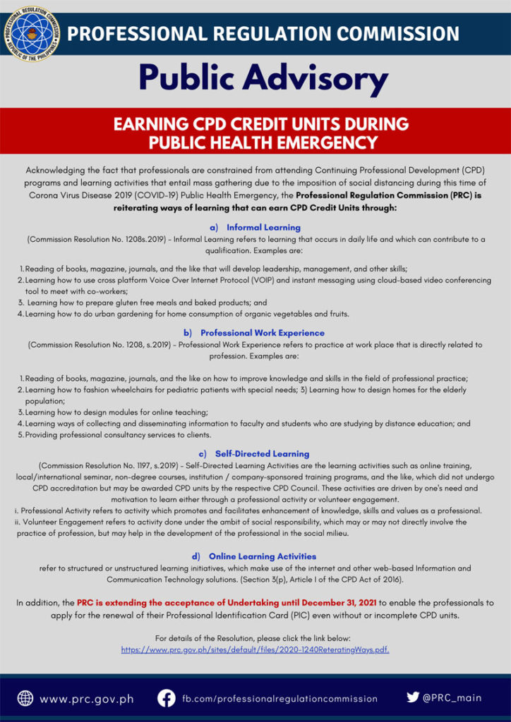 PRC Advisory on earning CPD units during COVID-19 crisis.