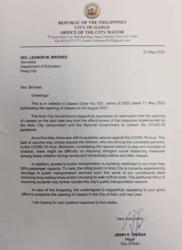 Mayor Jerry Trenas letter to Deped on class opening postponement.