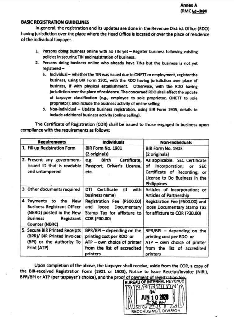 BIR Basic Registration Guidelines