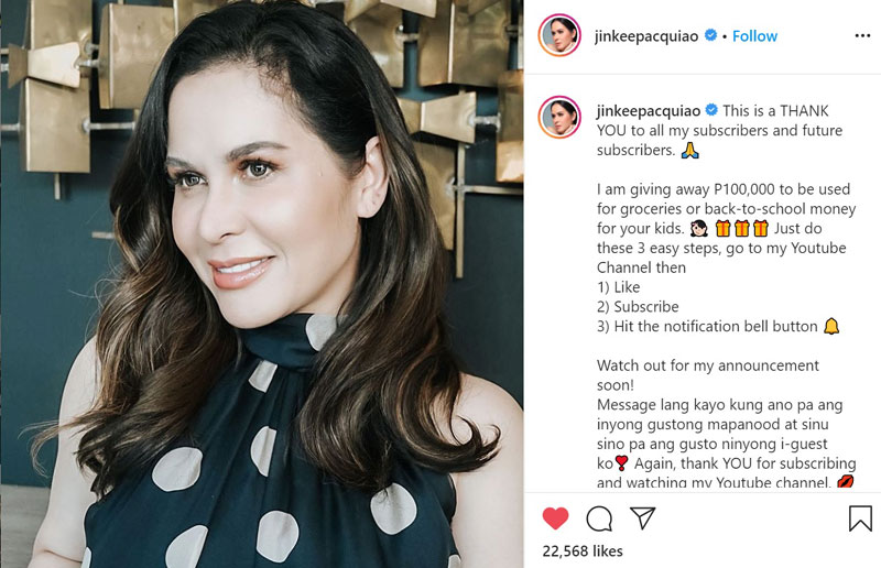 Jinkee Pacquiao posted in Instagram that she's giving away P100,000 to Youtube subscribers.