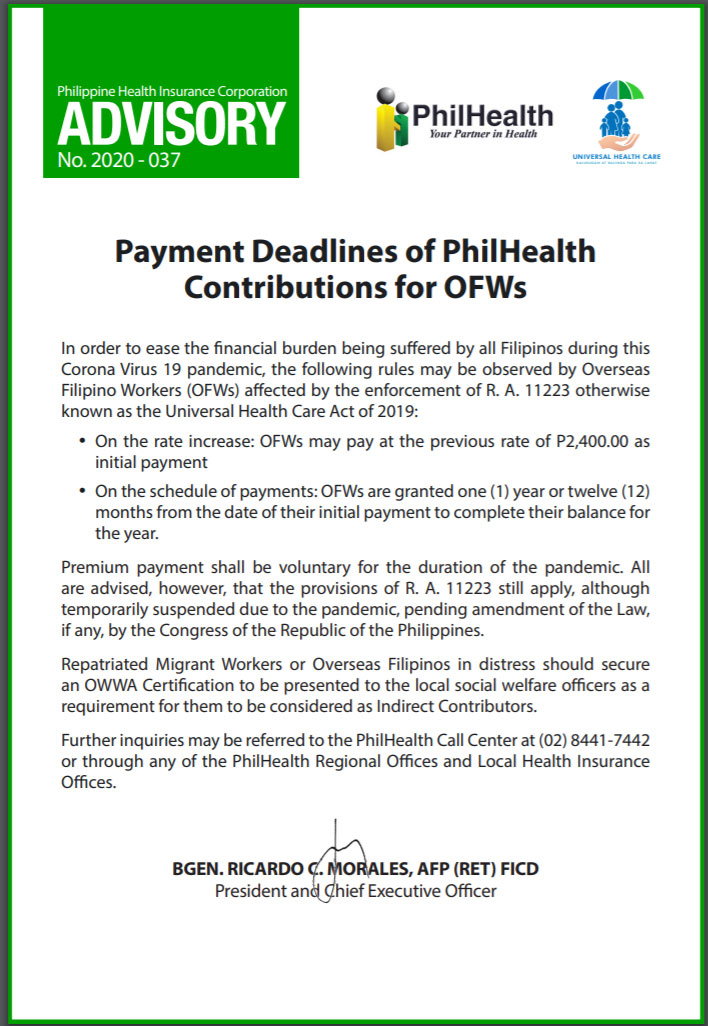 Philhealth to OFWs: Premium payment voluntary during COVID-19 pandemic ...
