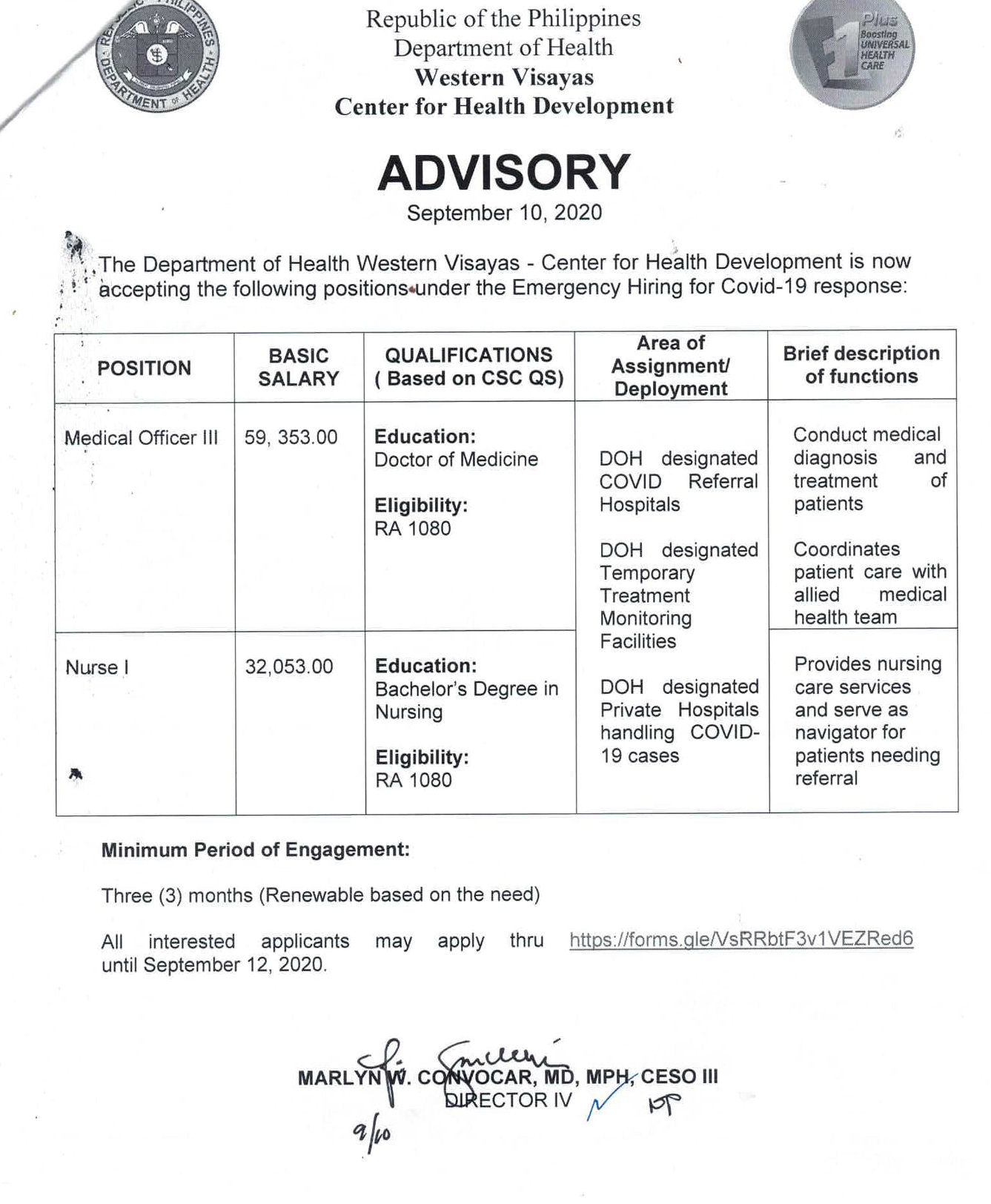 DOH Western Visayas hiring advisory.