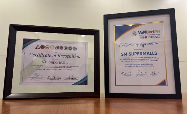 SM Supermalls Certificates of Recognition for support in vaccination campaign.