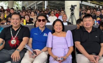 (From left to right) House Speaker Martin Romualdez, SM Supermalls president Steven Tan, First Lady Liza Araneta Marcos, and Iloilo City Mayor Jerry Treñas during the Dinagyang Dance Competition at the Iloilo Freedom Grandstand