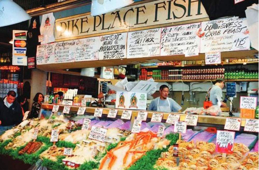 Pike Place Market offers the widest range of fresh fish and seafood including salmon, crabs, oysters, clams and more at very affordable prices at the City Fish Market.