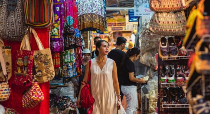Chatuchak Market is a popular shopping destination in Bangkok Thailand with more than 15,000 stalls of a great variety of products including trendy clothes and fashion-forward accessories as well as hand-made crafts souvenirs at bargain prices.