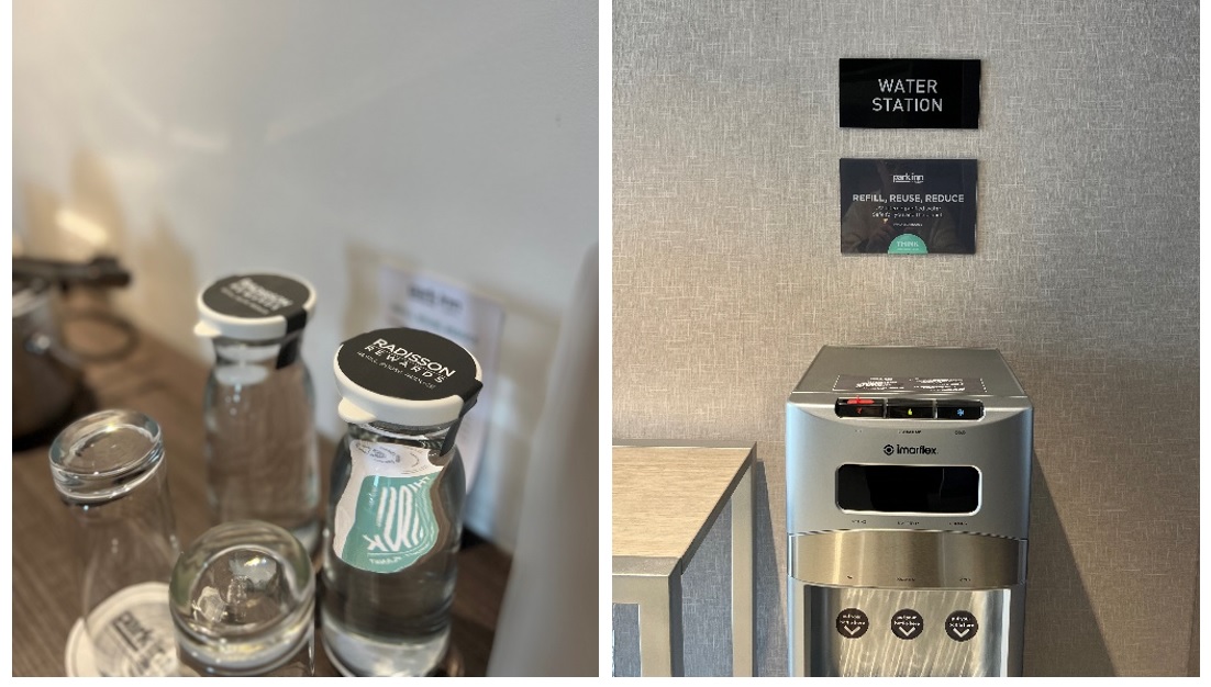 In-room carafes and water stations in every floor.
