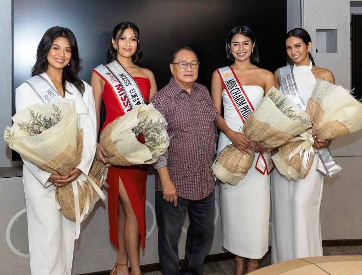 PLDT chairman Manny V. Pangilinan with (L-R) Miss Universe Philippines 2023 2nd Runner-up Angelique Manto, Miss Universe Philippines 2023 and PLDT Home Ambassador Michelle Marquez Dee, Miss Charm Philippines 2024 Krishnah Marie Gravidez, and Miss Universe Philippines 2023 1st Runner-up Christine Juliane Opiaza.