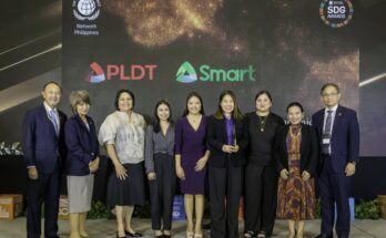 Representatives from PLDT’s Sustainability Office and PLDT Home receive the award recognizing Madiskarte Moms PH at the 3rd United Nations Global Compact Network Philippines’ Sustainable Development Goals Awards