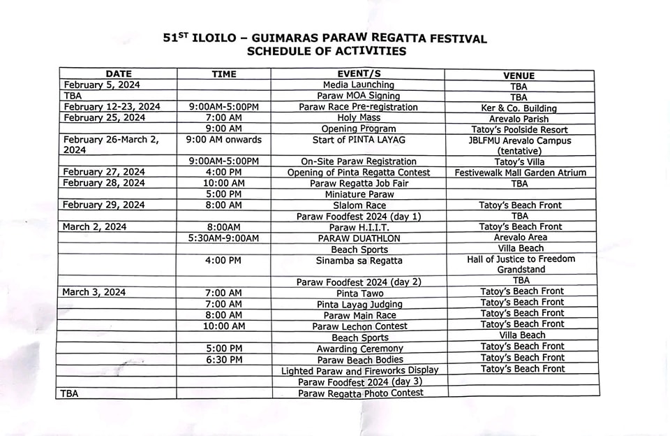 Paraw Regatta 2024 schedule