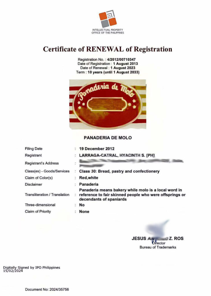 trademark of Panaderia de Molo