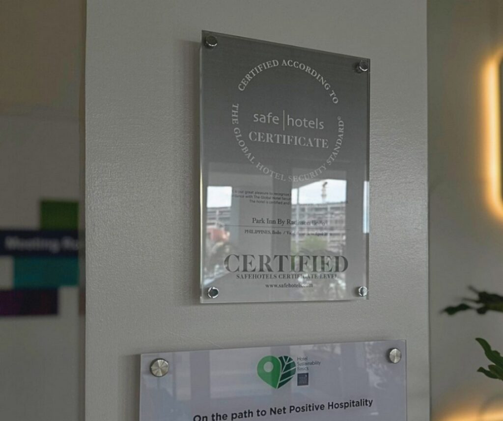 Safe Hotels certificate displayed at the lobby of Park Inn by Radisson Iloilo