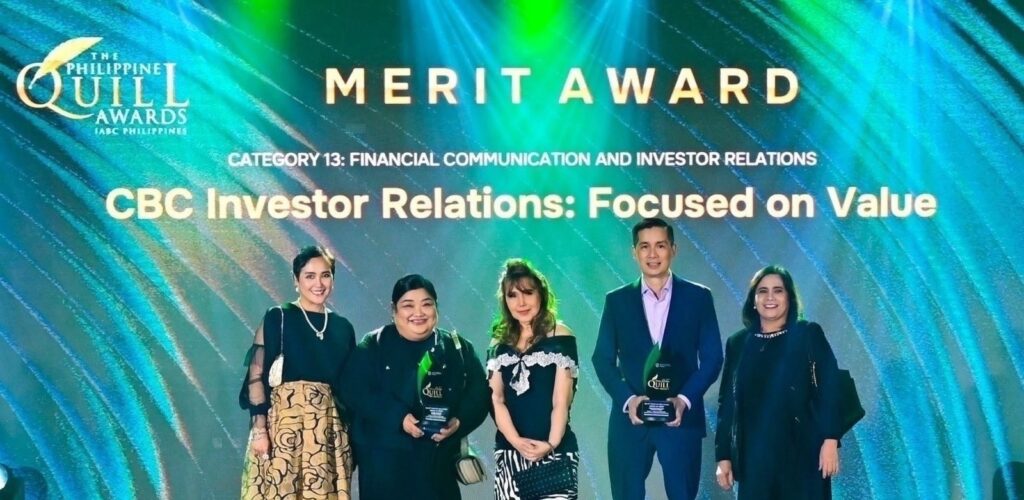From left: CBC Corporate Communications Officer Hershey Villegas, Marketing Communications Head Aileen Vallesteros, Senior Marketing Consultant Nita Claravall, Investor & Corporate Relations Group Head Gerald Florentino, and Investor Relations Officer Vicky Quisido at the 22nd Philippine Quill Awards on August 27, 2026 at the Solaire Resort in Parañaque City.