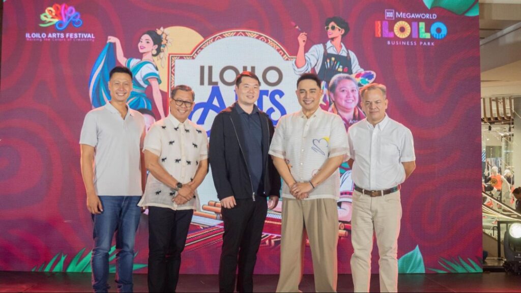 President and CEO of MREIT Inc., Head of Arts and Culture Arnie Batac; Iloilo Arts Festival Assistant Festival Director Jay Treñas; Iloilo Festivals Foundation, Inc. Former President Allan Tan; Ilonggo singer Jed Madela; and FVP and Head of Megaworld Lifestyle Malls Javier Hernandez mark the opening of Iloilo Arts Festival 2026 at Iloilo Business Park.